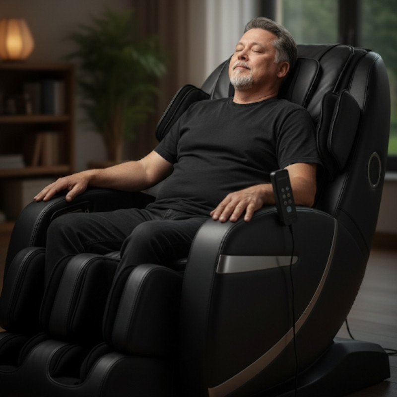 man relaxing in massage chair