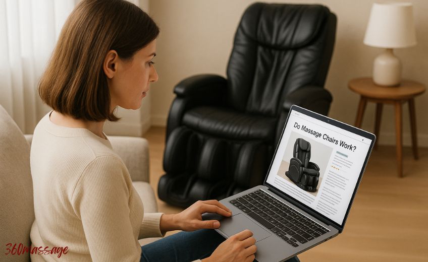 girl reading about massage chairs