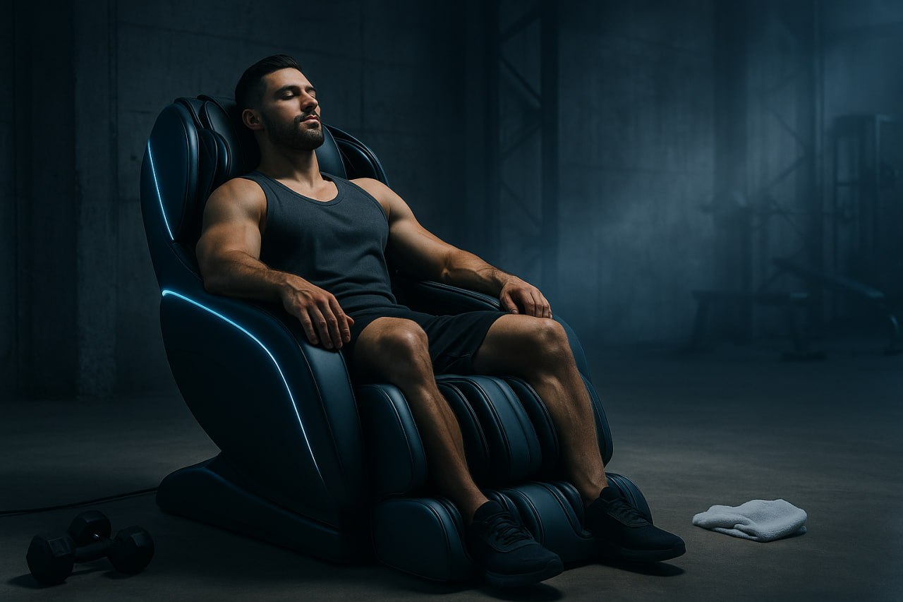 body builder in massage chair