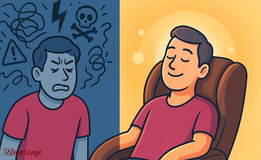 stressed man vs man in massage chair