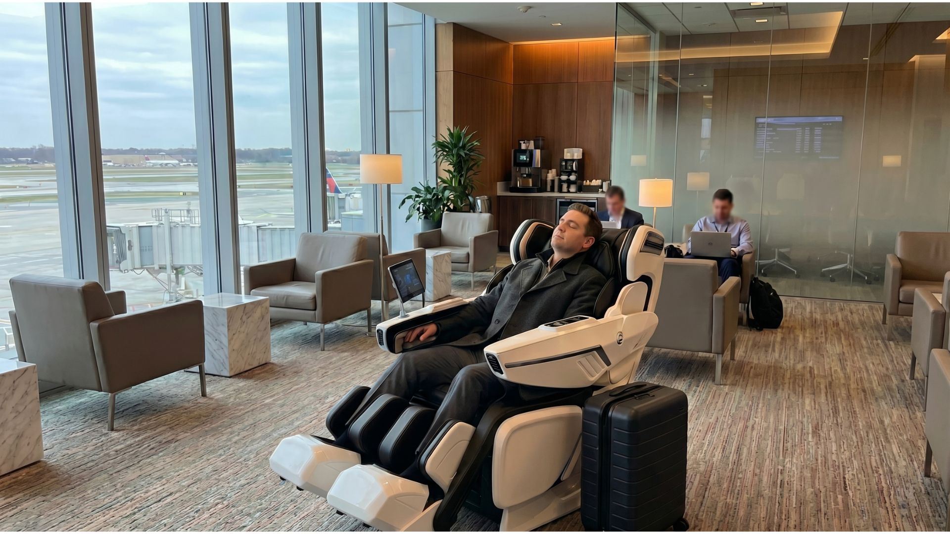 Massage chairs for airport 5 Traveler relaxing in massage chair inside airport lounge