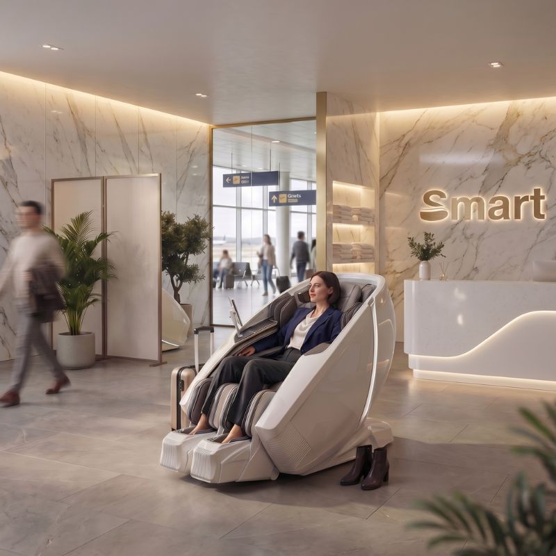 Massage chairs for airport 3 Traveler relaxing in massage chair inside airport wellness lounge