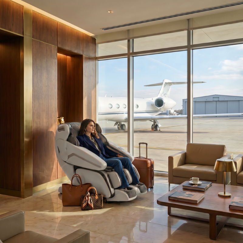 Massage chairs for airport 2 Woman relaxing in a luxury massage chair inside a private jet airport lounge with airplane visible outside window