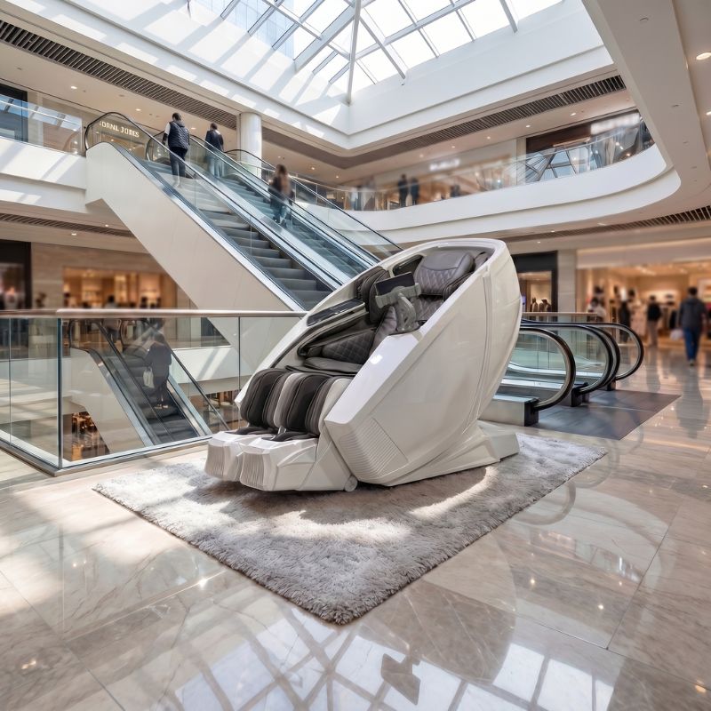 Massage chairs for shopping mall 2 Massage chair inside large shopping mall atrium near escalators