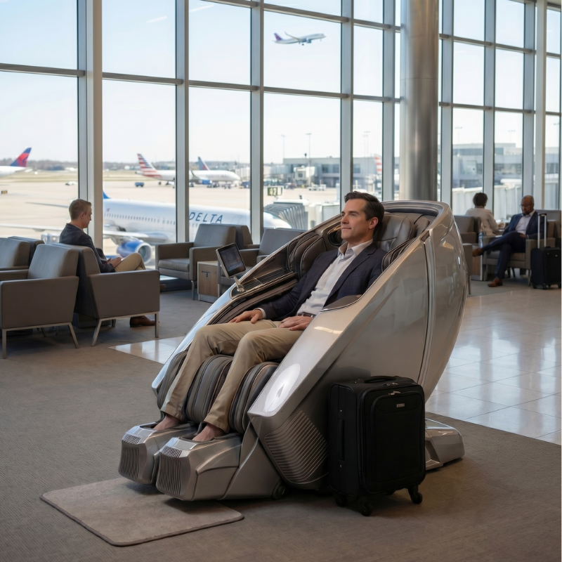 Massage chairs for airport 1 Business traveler relaxing in a full body massage chair inside an airport terminal lounge before flight departure