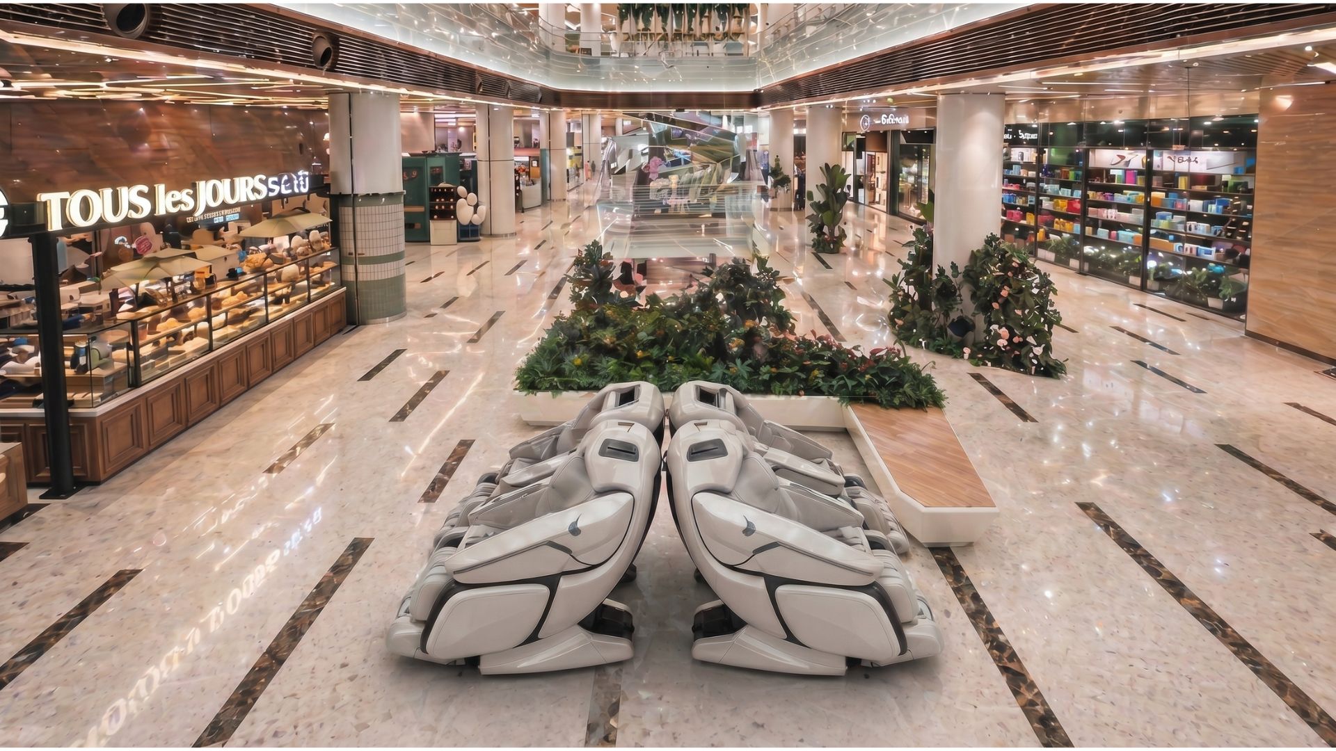 Massage chairs for shopping mall 5 Massage chairs for shopping mall placed in central atrium relaxation area