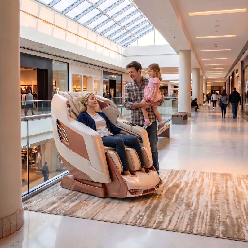 Massage chairs for shopping mall 3 Woman relaxing in massage chair inside modern shopping mall