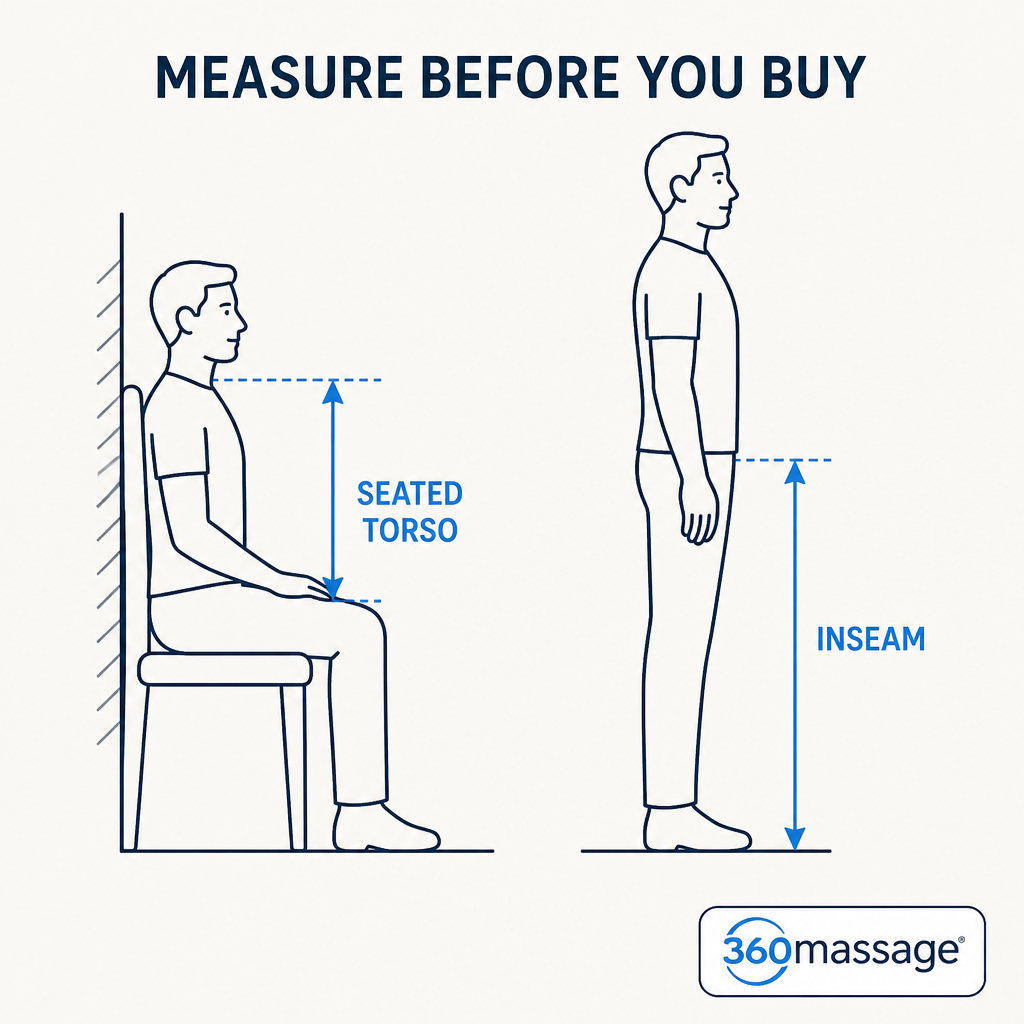 Massage chair for a tall person: how to get the fit right 6 Diagram showing how to measure seated torso height and inseam before buying a massage chair