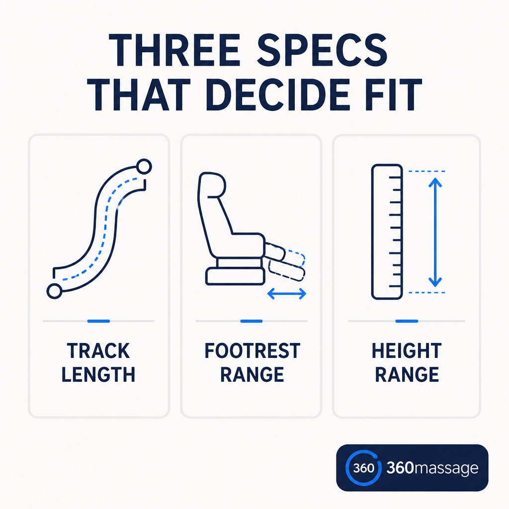Massage chair for a tall person: how to get the fit right 2 Infographic showing the three specifications that determine massage chair fit: track length, footrest range and height range