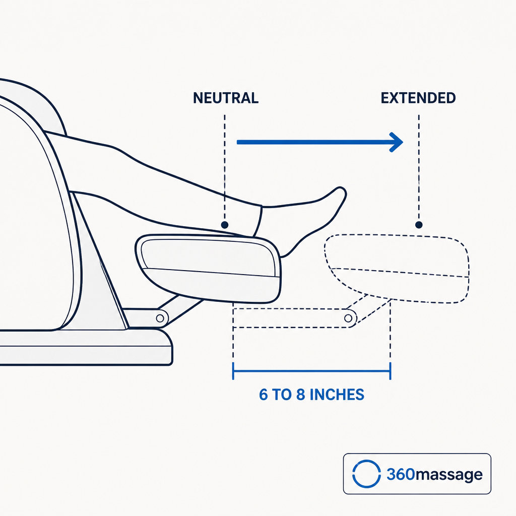 Massage chair for a tall person: how to get the fit right 4 Diagram showing a massage chair footrest extending six to eight inches beyond its neutral position
