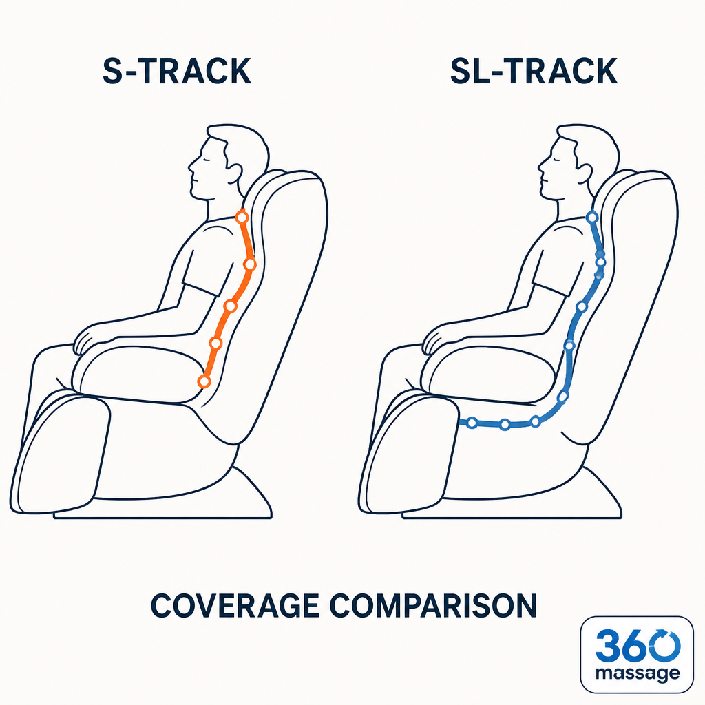 Massage chair for a tall person: how to get the fit right 3 Diagram comparing S-track and SL-track roller coverage on a tall seated body