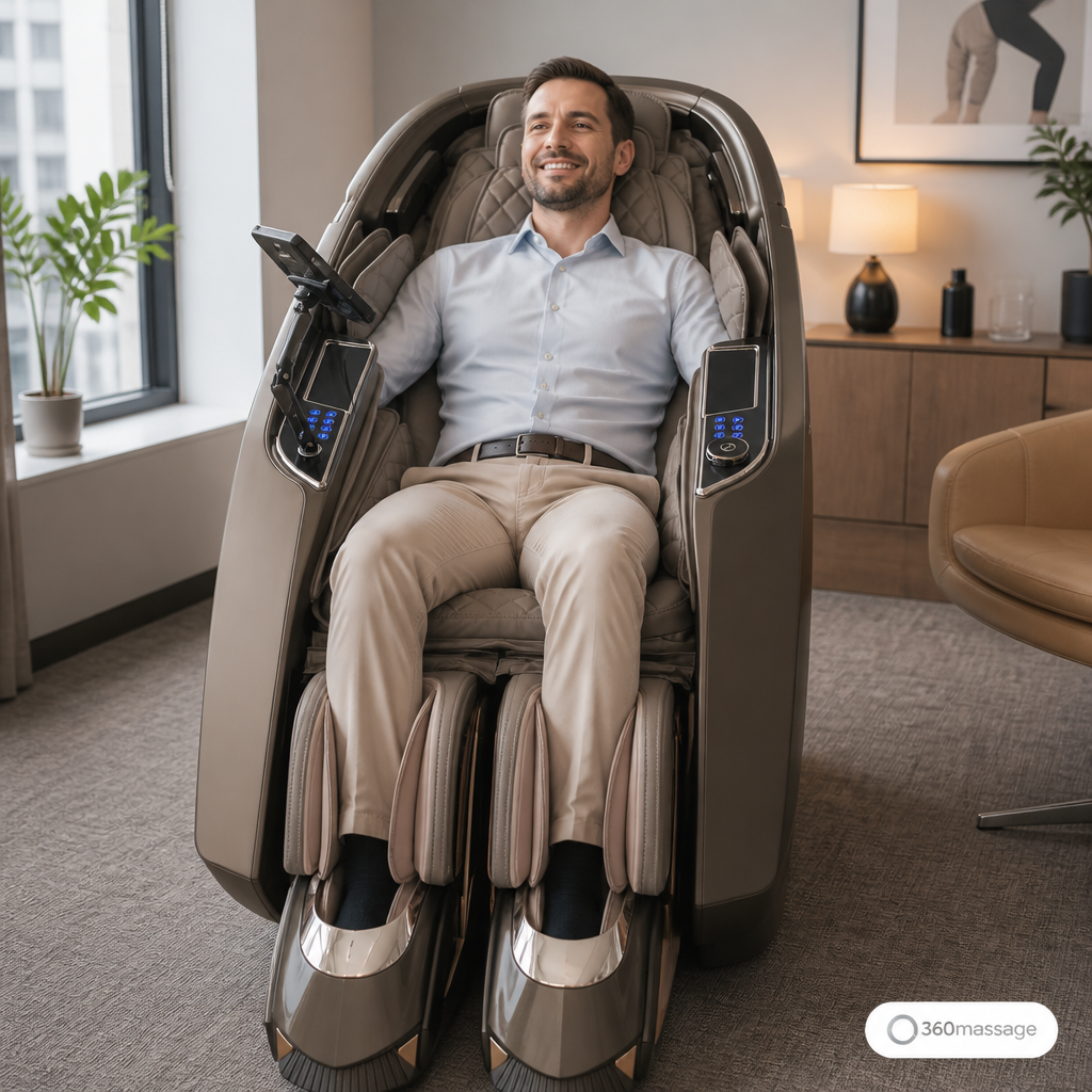 Massage chair for a tall person: how to get the fit right 5 Tall man seated in a beige Auren massage chair in a modern office wellness room